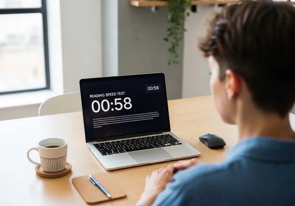 Person focused on a laptop screen taking a reading speed test