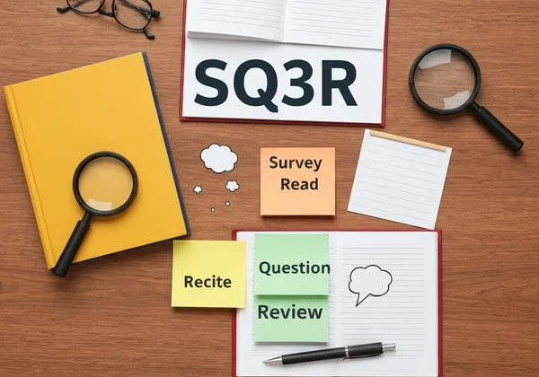 SQ3R method with sticky notes for survey, question, read