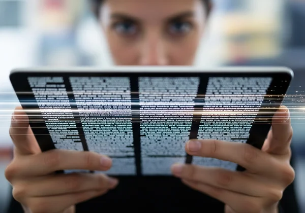 A person quickly reading text on a tablet, focused.