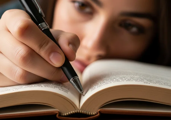 A hand using a pen to guide eyes across a book page.