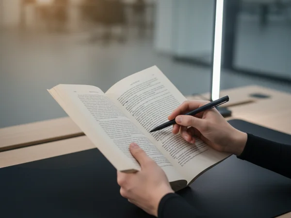 Person using a pen as a pacer while reading