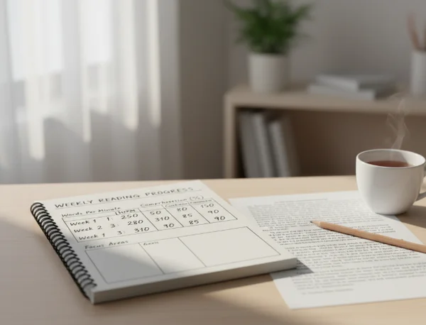 Calm reading progress log on a tidy desk