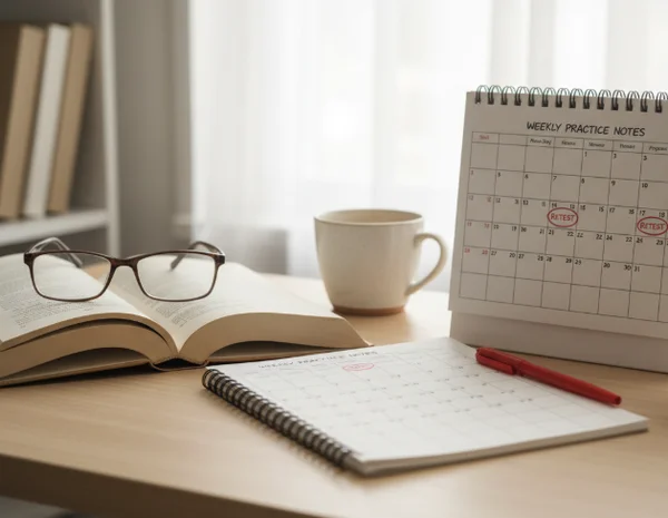 Weekly reading practice notes beside a book